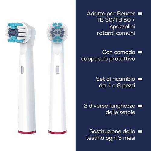 Beurer 10156 Clean - KIT_ 4 testine di ricambio Standard per spazzolini oscillanti-rotanti, compatibili con TB 30-TB 50, setole medie, cappucci protettivi, anelli colorati, Bianco