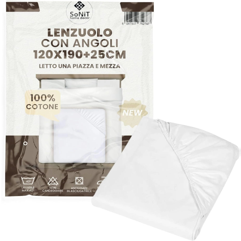 SONIT - Lenzuolo con Angoli Bianco - Lenzuolo con Angoli Cotone Traspirante - Lenzuola Facile da Lavare Misura: PIAZZA E MEZZA