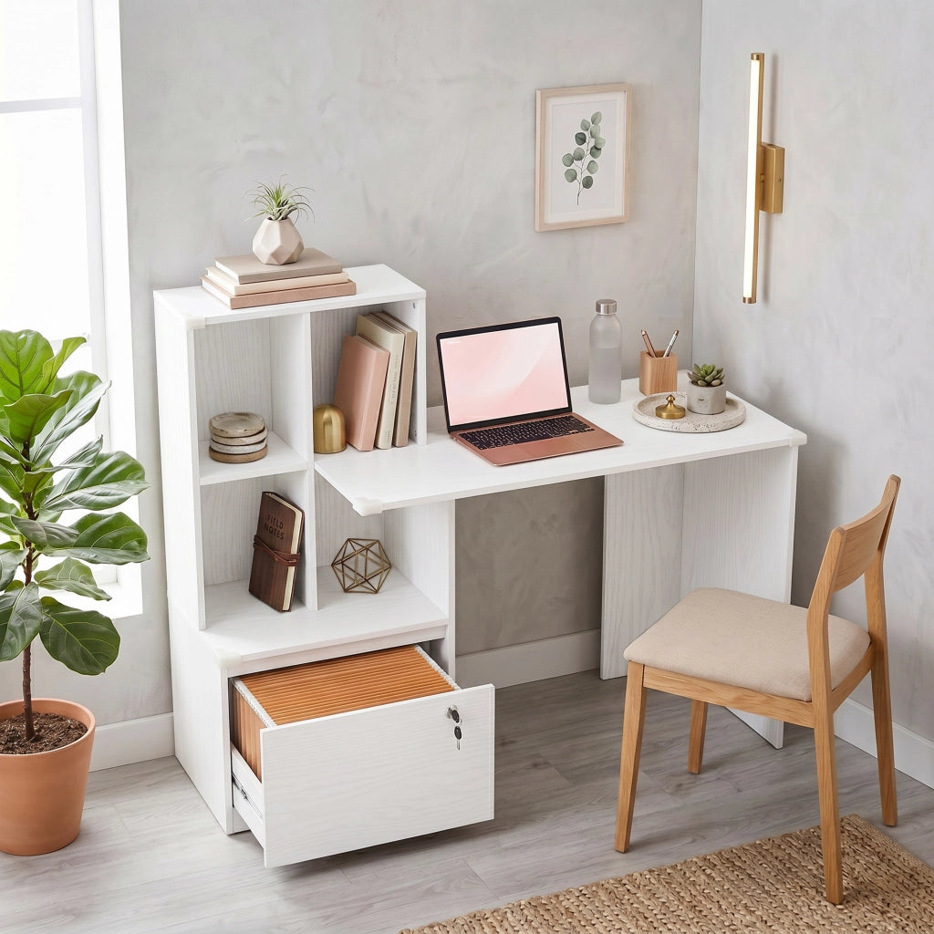 Scrivania computer con libreria 4 ripiani e cassetto ¨C Xylo ¨C Legno bianco 126x50x109 cm