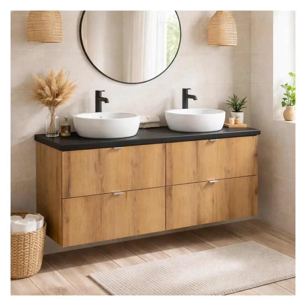 Set da bagno sospeso VANO effetto rovere e nero 120cm: mobile sottolavabo con cassetti + piano per lavabo