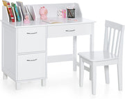 Set di Scrivania e Sedia per Bambini, Scrivania per Bambini con Cassetto e Armadietti, Ideale per Camera da Letto Sala Studio, 90,5 x 46 x 81 cm (bianco)