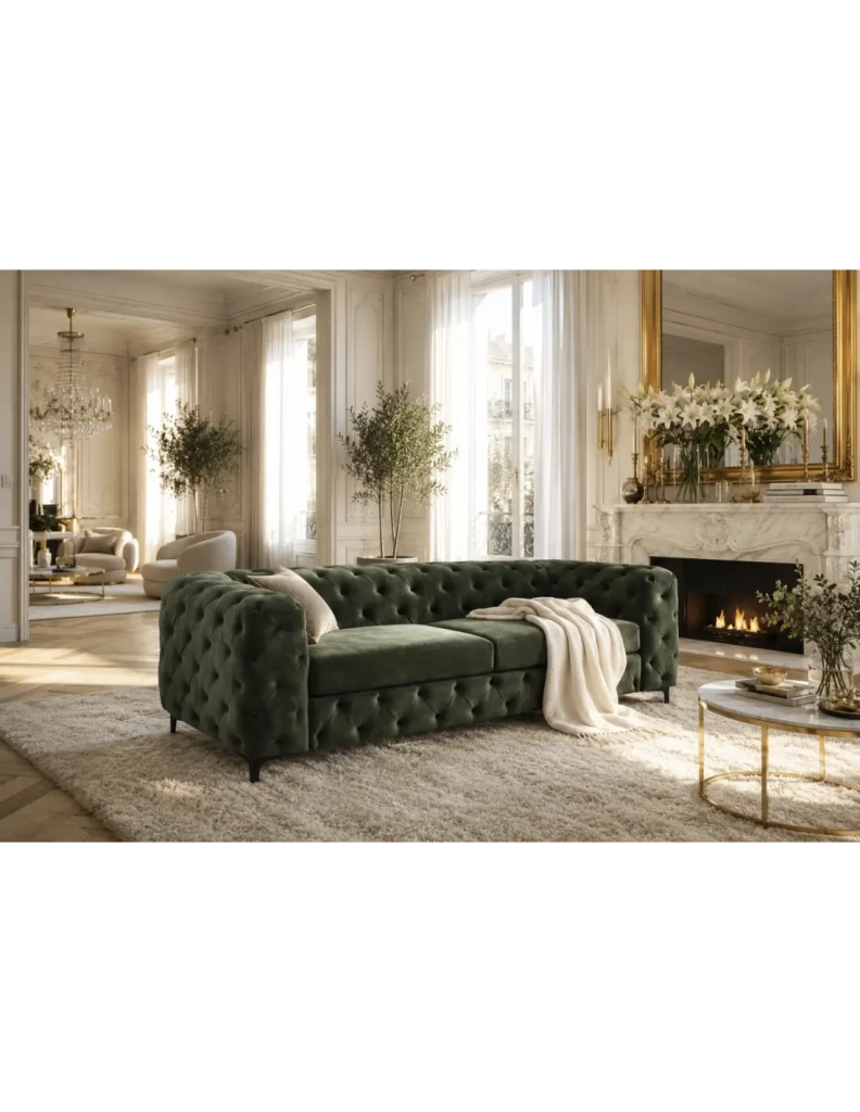 Divano dritto VELENA 3 posti in velluto capitonné - Verde scuro - 235 x 74 x 95 cm