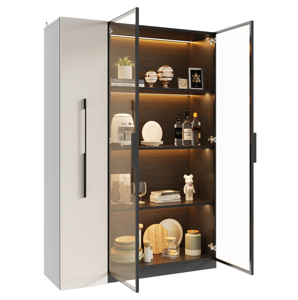 Vetrina moderna con LED e anta in vetro; 110;5 x 35 x 160 cm; MDF e vetro; nero e bianco