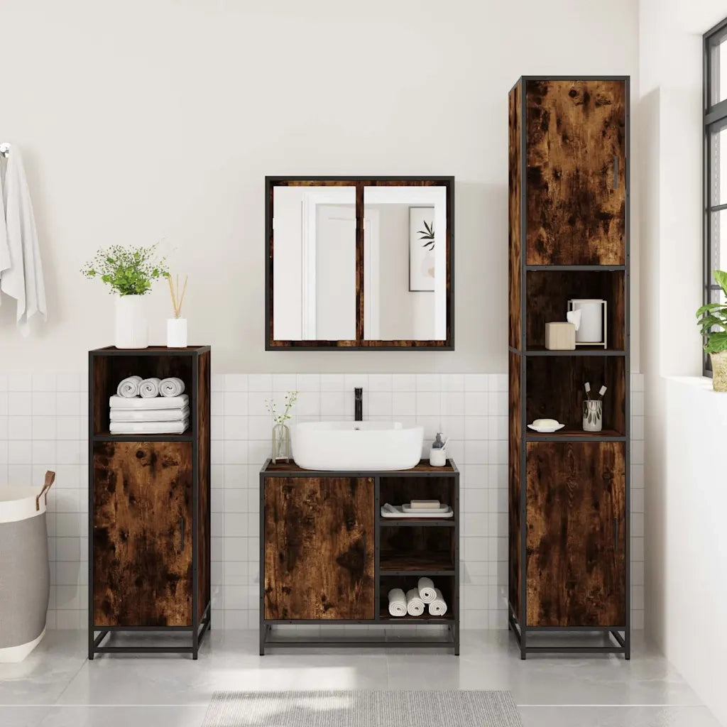 Set Mobili da Bagno 4 pz Rovere Fumo in Legno Multistrato