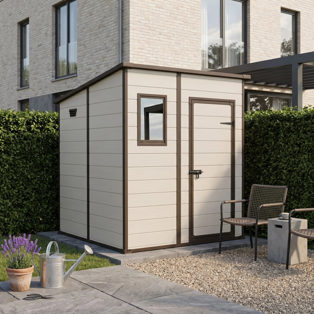 Manor Pent 6x6 - Casetta da Giardino 183,50x200x185 cm 1 Anta per deposito attrezzi finitura effetto legno graffiato in Resina Beige