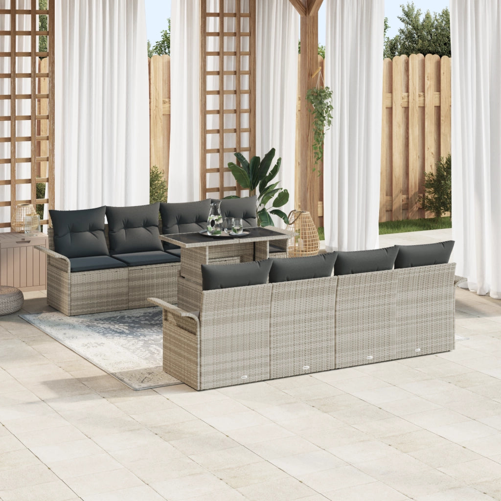 Set Divano da Giardino da 9 Pezzi con Cuscini Grigio Chiaro in Polyrattan