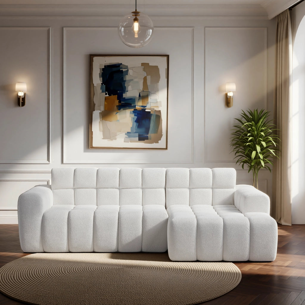 Divano angolare convertibile a L; stile moderno; colore bianco
