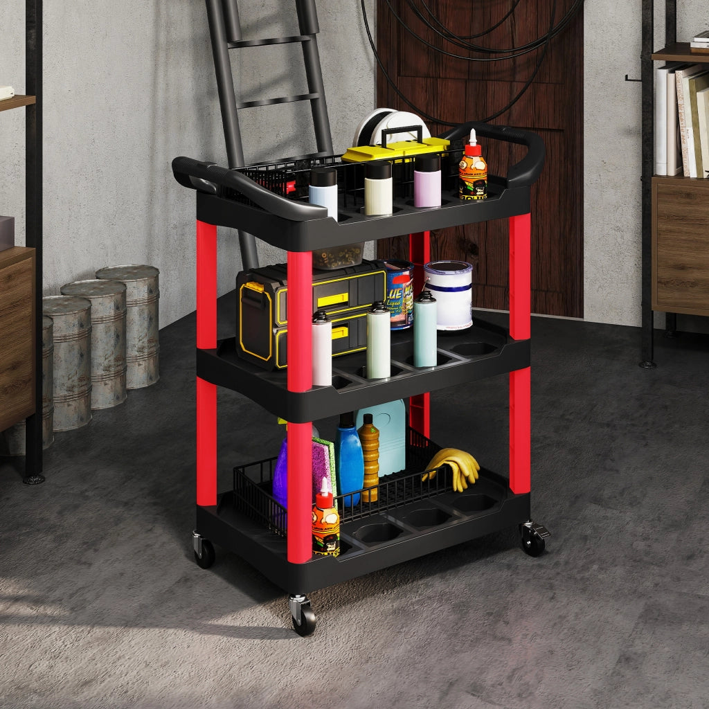 Carrello Porta Attrezzi a 3 Livelli 83x43x97 cm Capacità 91 kg 3 Livelli con Ruote in Plastica Rosso