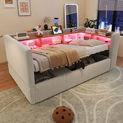Divano letto imbottito con vano contenitore idraulico, luci LED e prese integrate, 90 x 190 cm, grigio chiaro