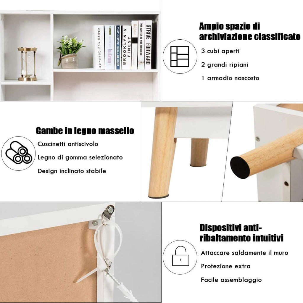 Armadietto Legno Mobile Soggiorno Scaffale Libreria Armadio Mobile, con 5 Scompartimenti, 119x80x24cm, Bianco