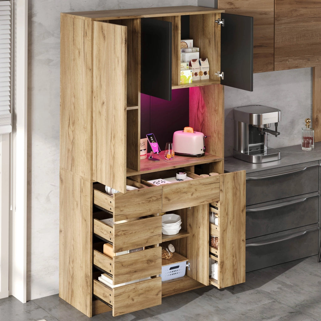 Credenza da cucina con ripiani regolabili; LED e prese - per cucina - in MDF - 185x105x40 cm - nero e naturale