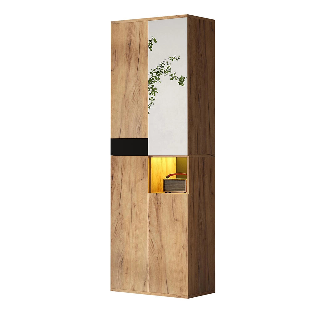 Armadio Alto con Specchio 65x35x190cm - Xylo - 4 Ante, Nero e Colore Naturale