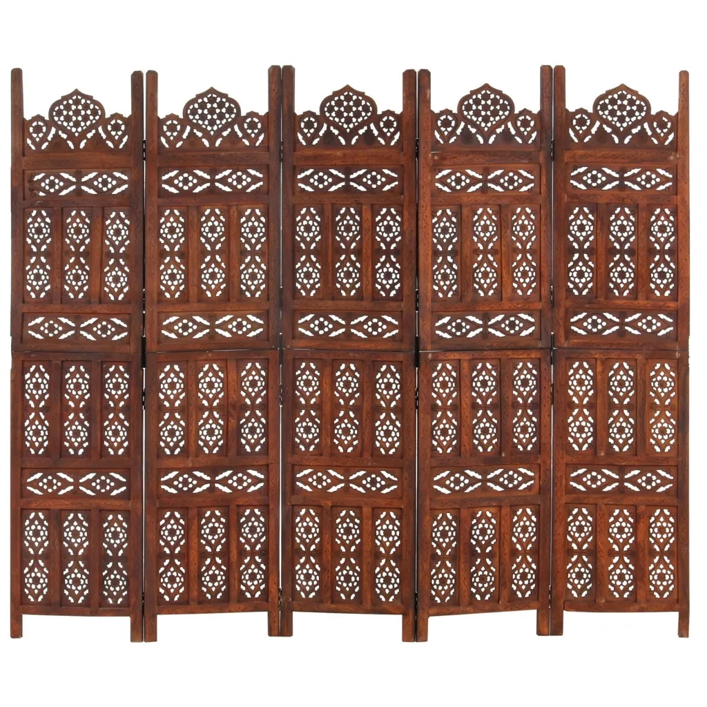 Divisorio Ambienti | Divider per stanze | Paravento 5 Pannelli Intaglio Marrone 200x165 cm Mango Massello