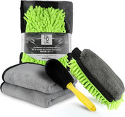 Kit di pulizia per auto 4-in-1 - Set di pulizia con 2 asciugamani di pulizia (40x60cm, alta assorbimento), guanto da pulizia 3-in-1 con microvezzi & spazzola per ruote