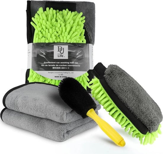 Kit di pulizia per auto 4-in-1 - Set di pulizia con 2 asciugamani di pulizia (40x60cm, alta assorbimento), guanto da pulizia 3-in-1 con microvezzi & spazzola per ruote