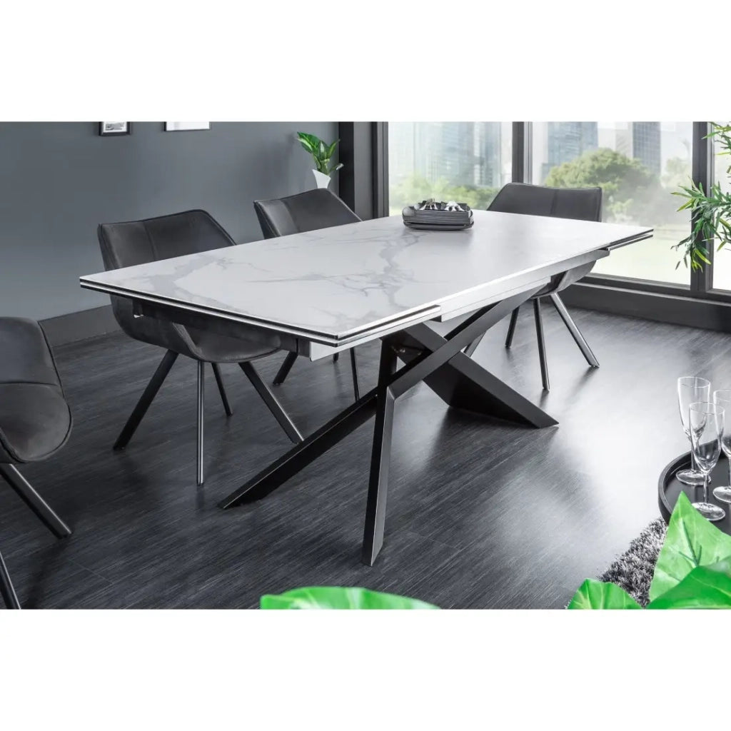 Table STELIX 180–220–260 cm – Piano in ceramica effetto marmo bianco e vetro temperato – Estendibile con gambe in metallo nero