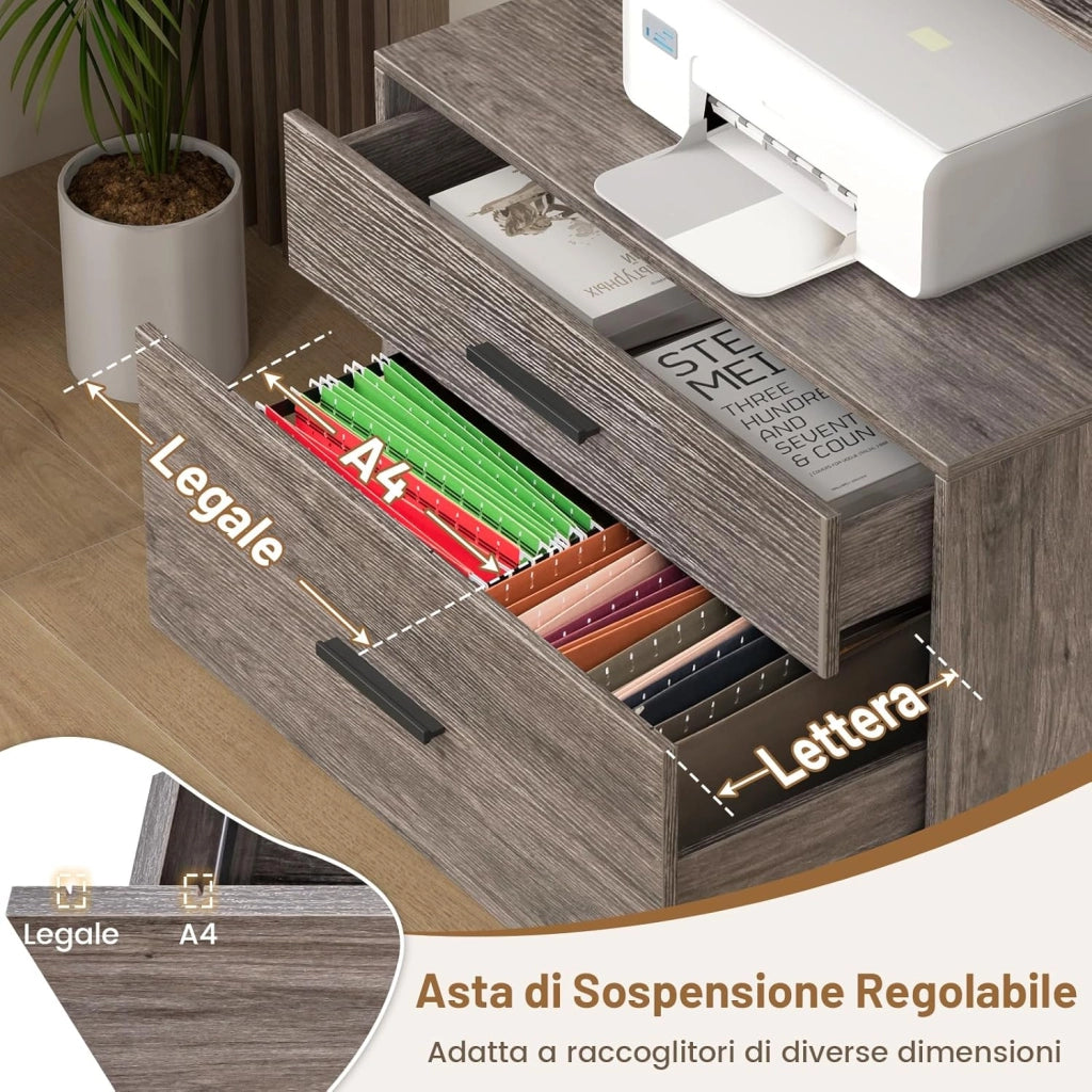 Scaffale Porta Stampante, Suppoto per Stampante in Legno con 4 Ripiani e 2 Cassetti, per Soggiorno, Ufficio e Studio, 75 x 40 x 156 cm (Grigio)