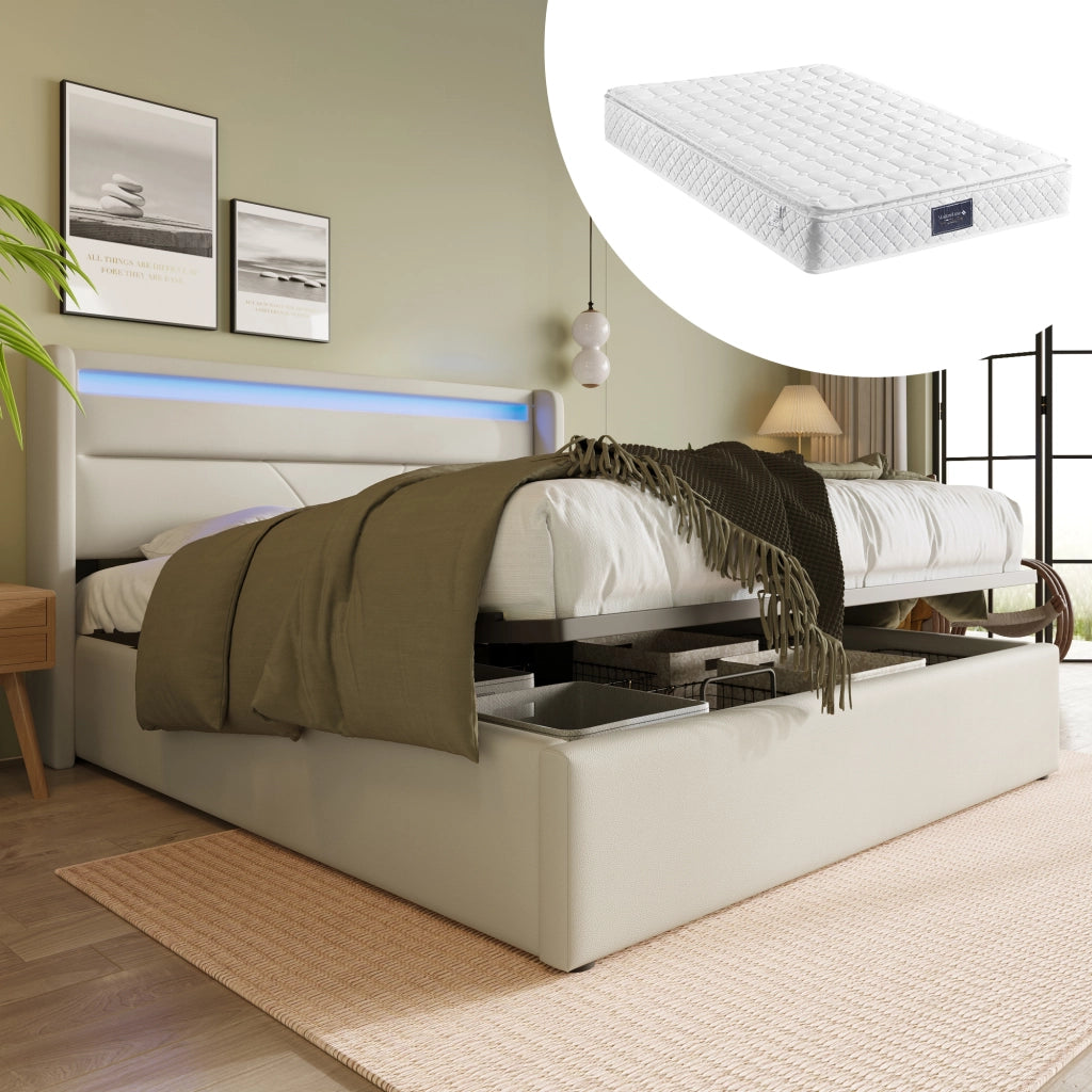 LETTO IMBOTTITO CONTENITORE 160x200 cm IN PU BIANCO CON LED