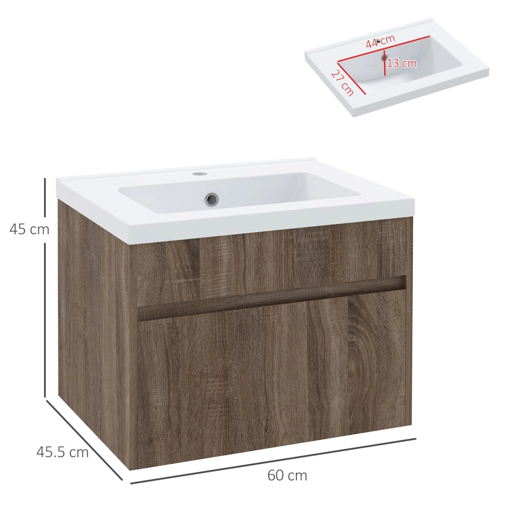 Mobile Lavabo Sospeso in Legno con Lavandino in Ceramica e Cassetto Soft Close ¨C zephmum ¨C Marrone Chiaro 60x30x