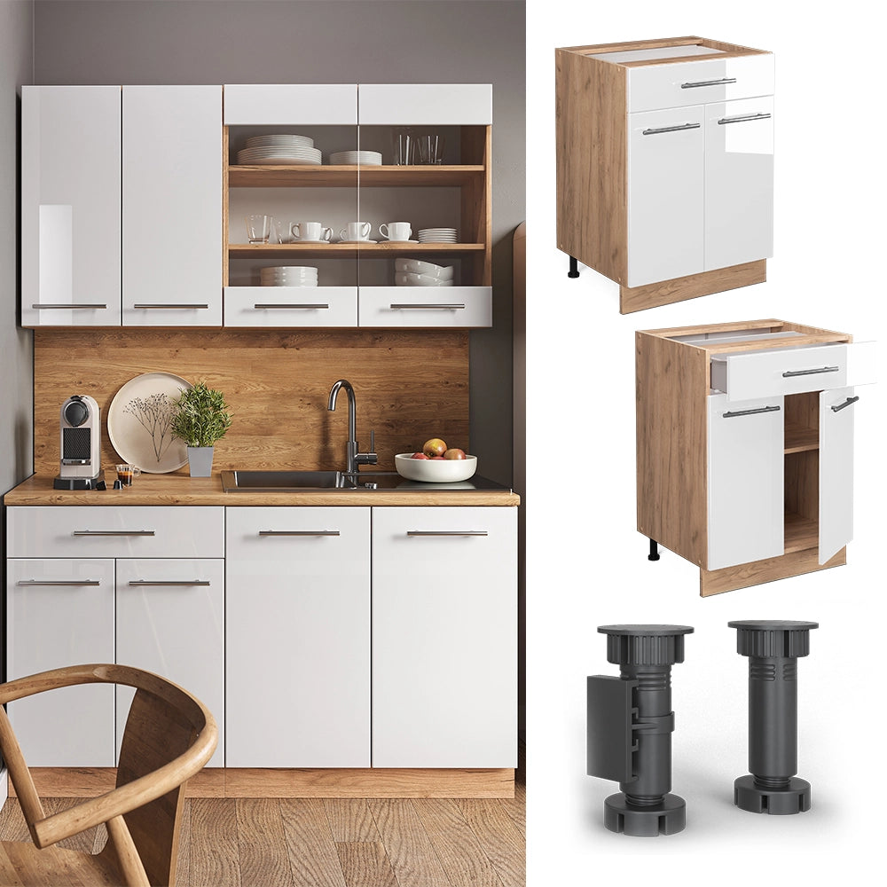Mobiletto base per cucina Fame-Line Bianco lucido/Rovere dorato 60 cm con cassetto, PL Marmo Vicco