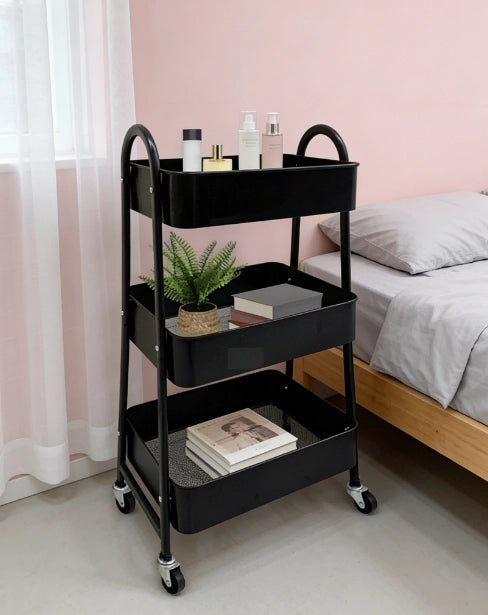 Carrello Multiuso 44,5x30,5x78,5 cm Nero in Acciaio al Carbonio a 3 Ripiani con Ruote 360°