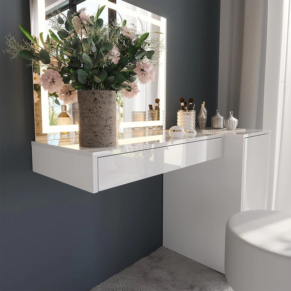 Tavolo da toeletta Sherry, Bianco/bianco lucido, 120 cm 4 parti, con illuminazione LED e specchio integrato