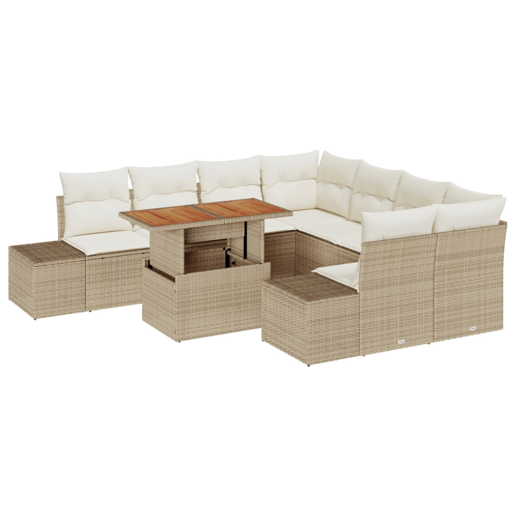Set Divano da Giardino 9 Pezzi con Cuscini Beige Rattan Sintetico