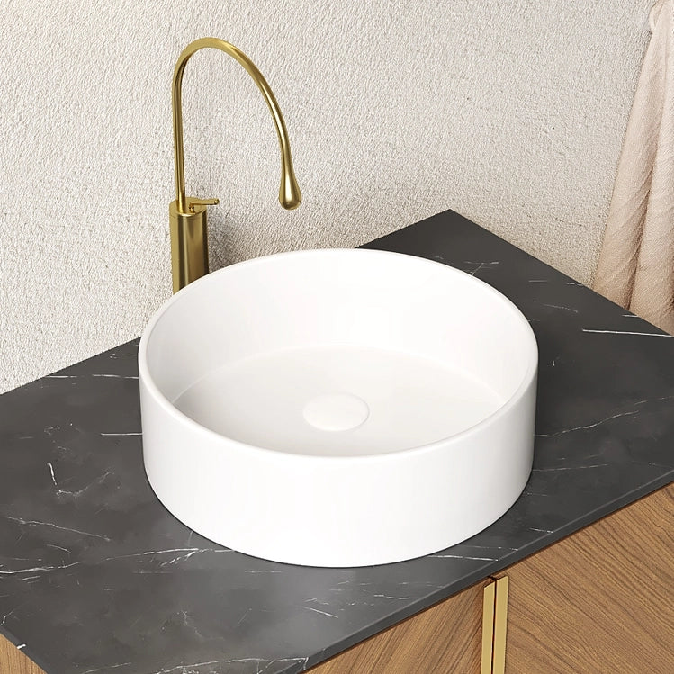 Lavabo da appoggio rotondo in ceramica bianca lucida; vasca monoblocco per piani e mobili da bagno