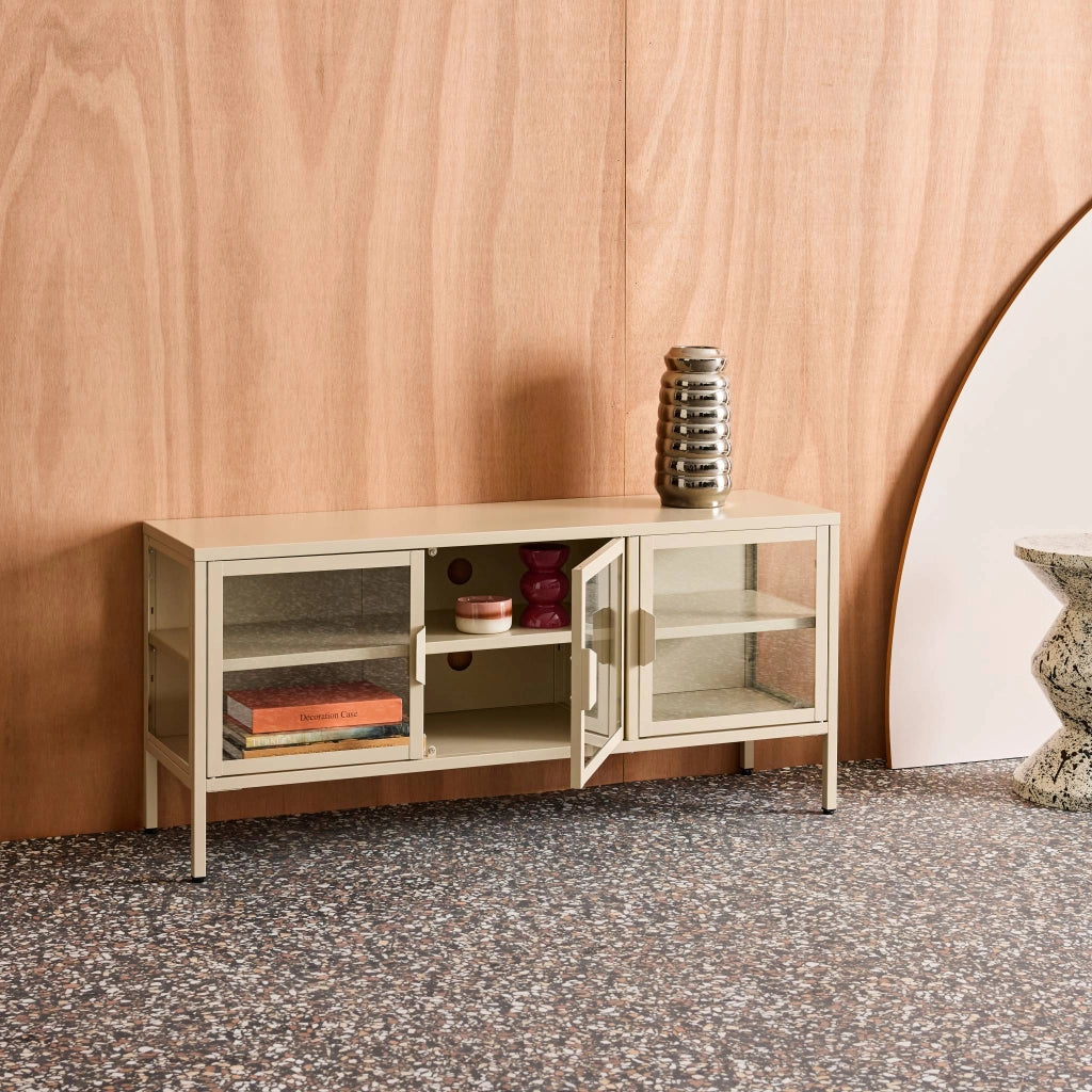 Mobile tv industriale in metallo e vetro temperato 3 ante 120cm, beige