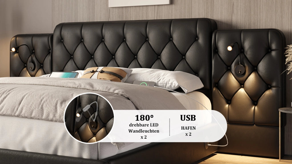 Letto con testiera lunga - Zephmum - 160 x 200 cm - Nero - Materiale velluto, USB, lampada, sistema idraulico, ampio spazio di archiviazione