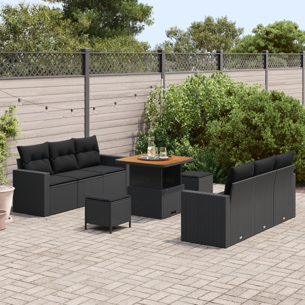 Set Divani Giardino  9 Pezzi con Cuscini Nero Polyrattan Acacia