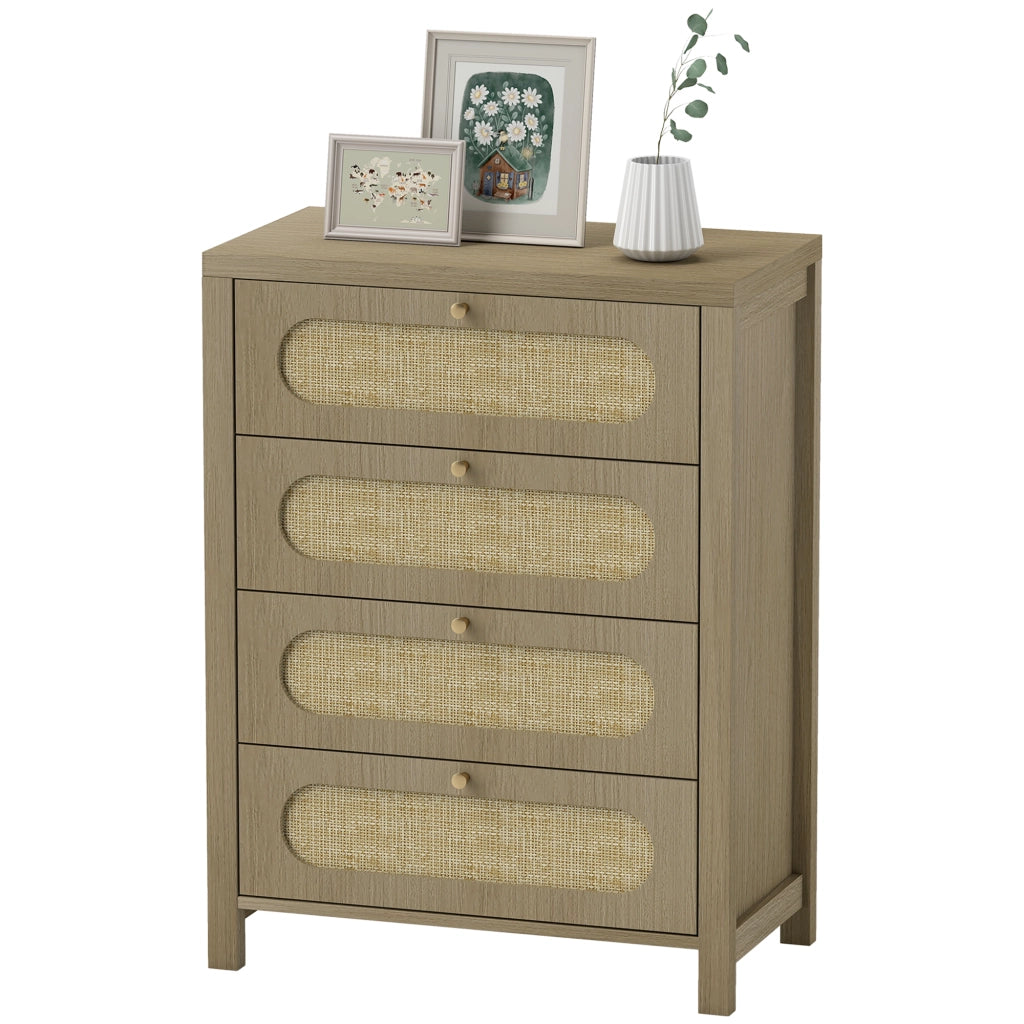 Cassettiera 4 cassetti stile bohemien con ante in resina intrecciata ¨C Zephmum ¨C 70x38x93 cm effetto legno naturale