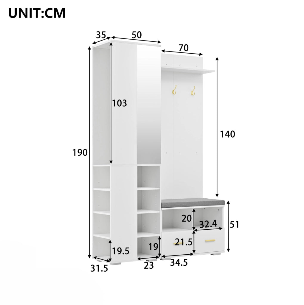 Mobile ingresso con specchio; barra appendiabiti; panca e 2 cassetti; bianco; 120x35x190 cm
