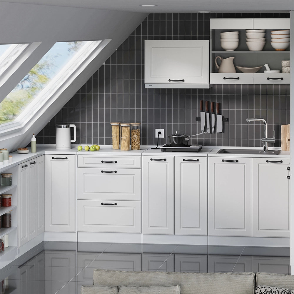 Mobile cucina sottotetto R-Line Bianco rustico/Bianco 60 cm senza inclinazione con 2 ante Vicco