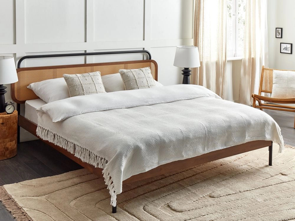 Coperta tessuta a mano con frange 150 x 200 cm bianco crema stile classico morbida letto divano