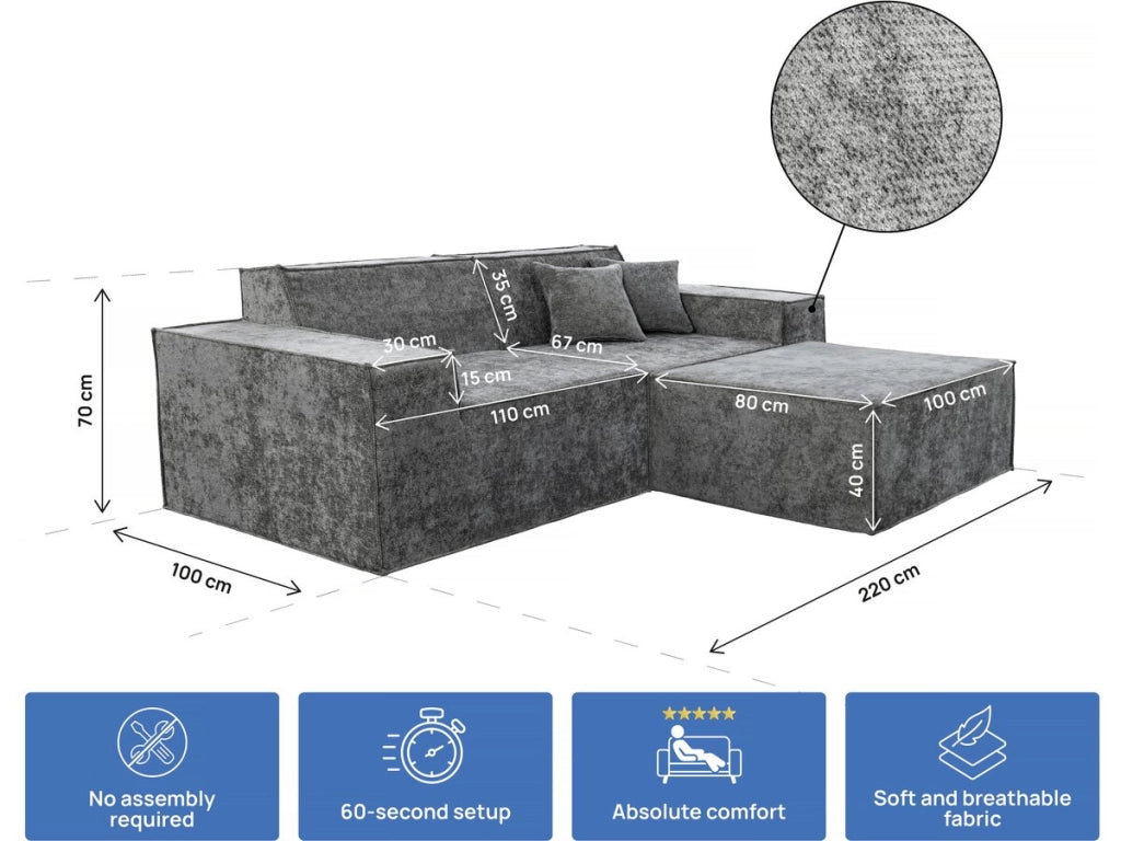 Divano componibile dritto con pouf in tessuto texturizzato "Lusso" - 3 posti - Grigio