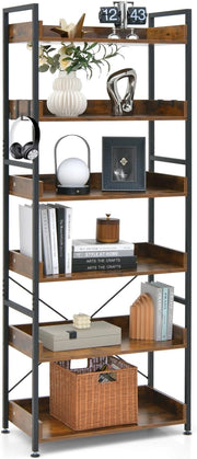 Libreria a 6 Livelli, Scaffale con 4 Ganci, in Metallo, per Soggiorno, Studio, 69 x 34 x 177 cm