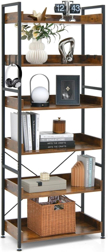 Libreria a 6 Livelli, Scaffale con 4 Ganci, in Metallo, per Soggiorno, Studio, 69 x 34 x 177 cm