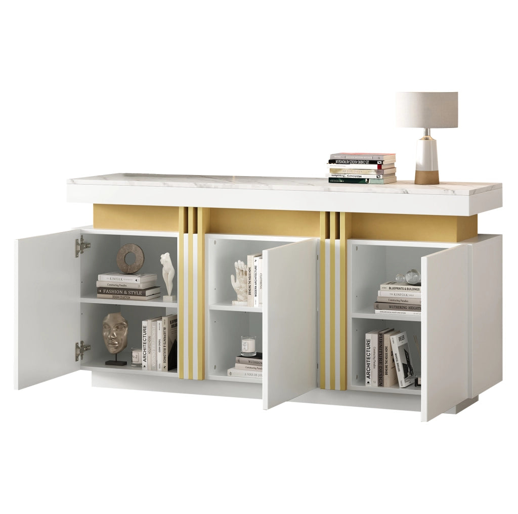 Credenza moderna bianca 140 x 38 x 70 cm con 3 ante e vani regolabili