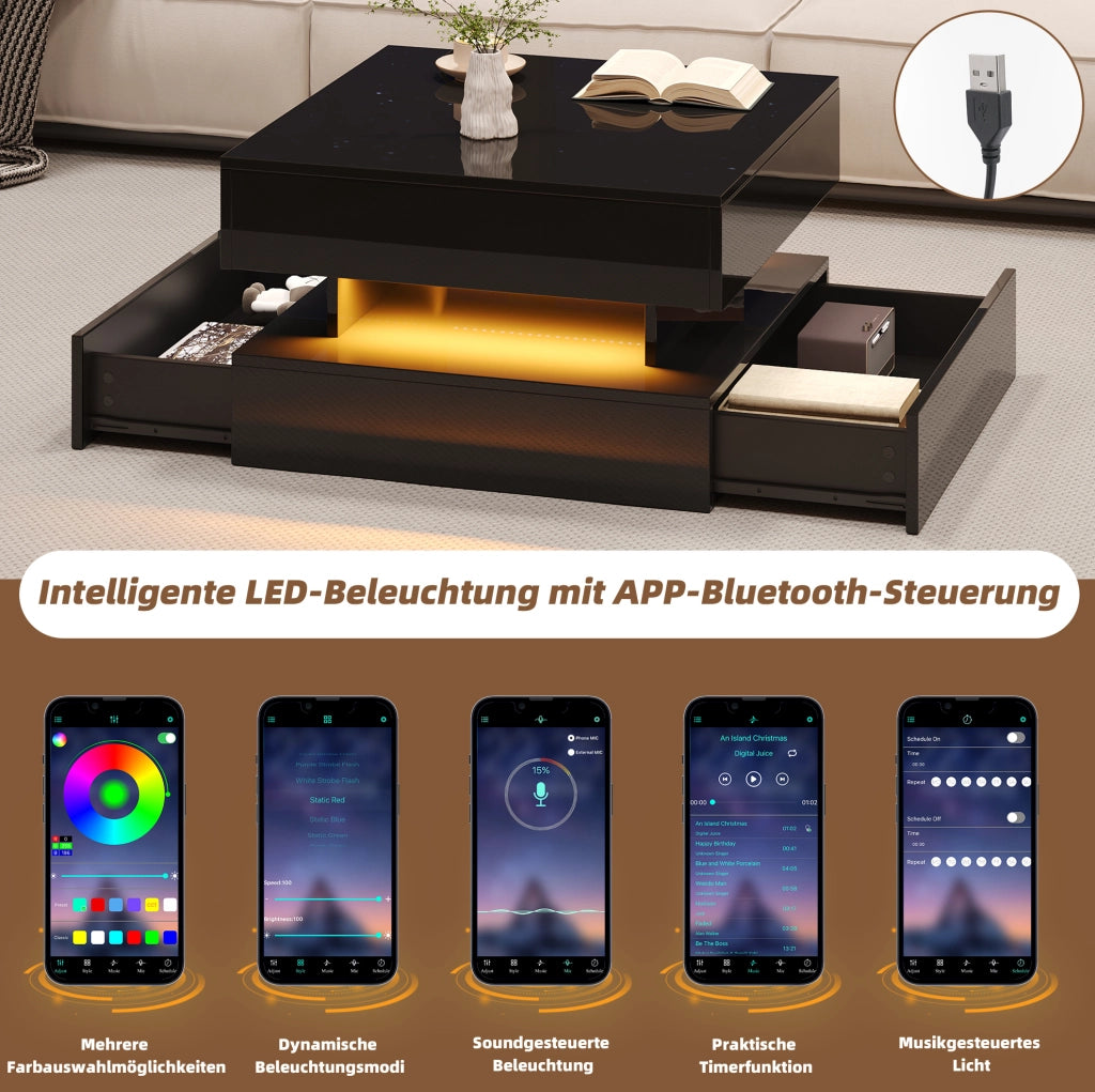 Tavolino sollevabile quadrato nero con luce a LED e contenitore