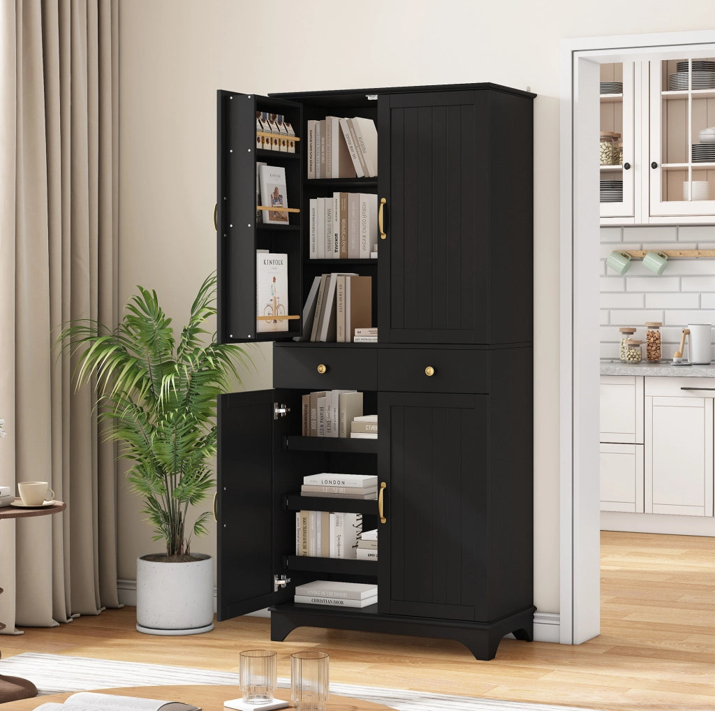 Armadio alto 77x40x181 cm con ripiani regolabili e cassetti in MDF nero