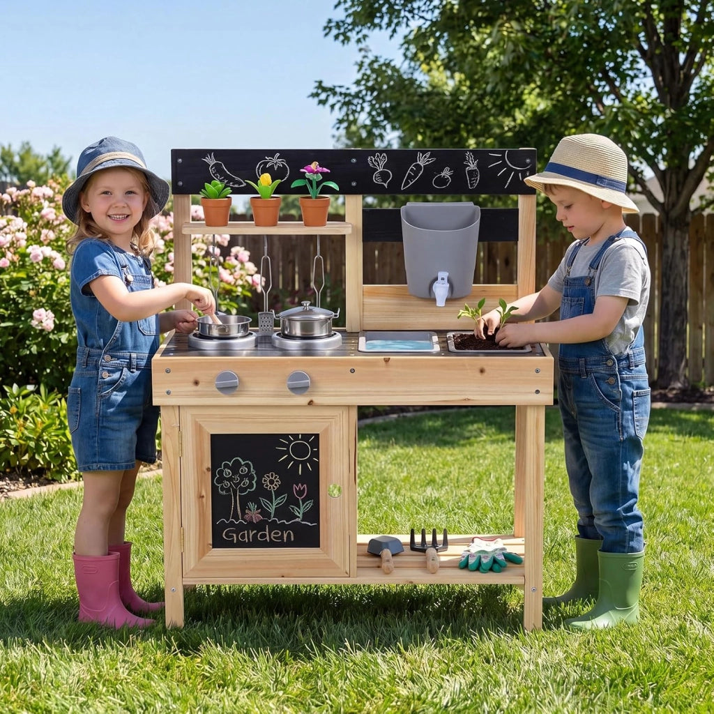 Cucina Giocattolo da Esterno per Bambini in Legno, Cucinetta per Giocare Sabbia, Gioco Montessori con Lavagne, Lavandini, Serbatoio d'Acqua e Utensili e Ampio Spazio di Stoccaggio
