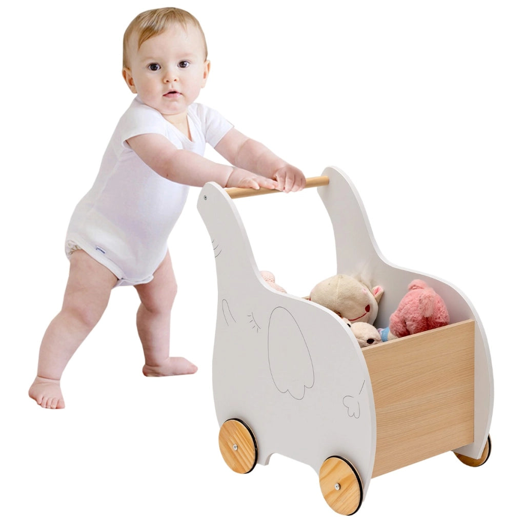 Carrello portagiochi in legno con ruote in gomma, Primi Passi regalo ideale per bambini bambine 1-3 anni Bianco-Primi passi