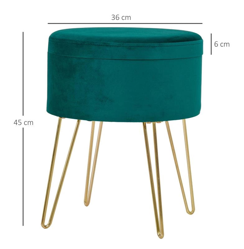 SGABELLO ROTONDO CON VANO CONTENITORE IN VELLUTO 36 X 36 X 45 CM VERDE E ORO