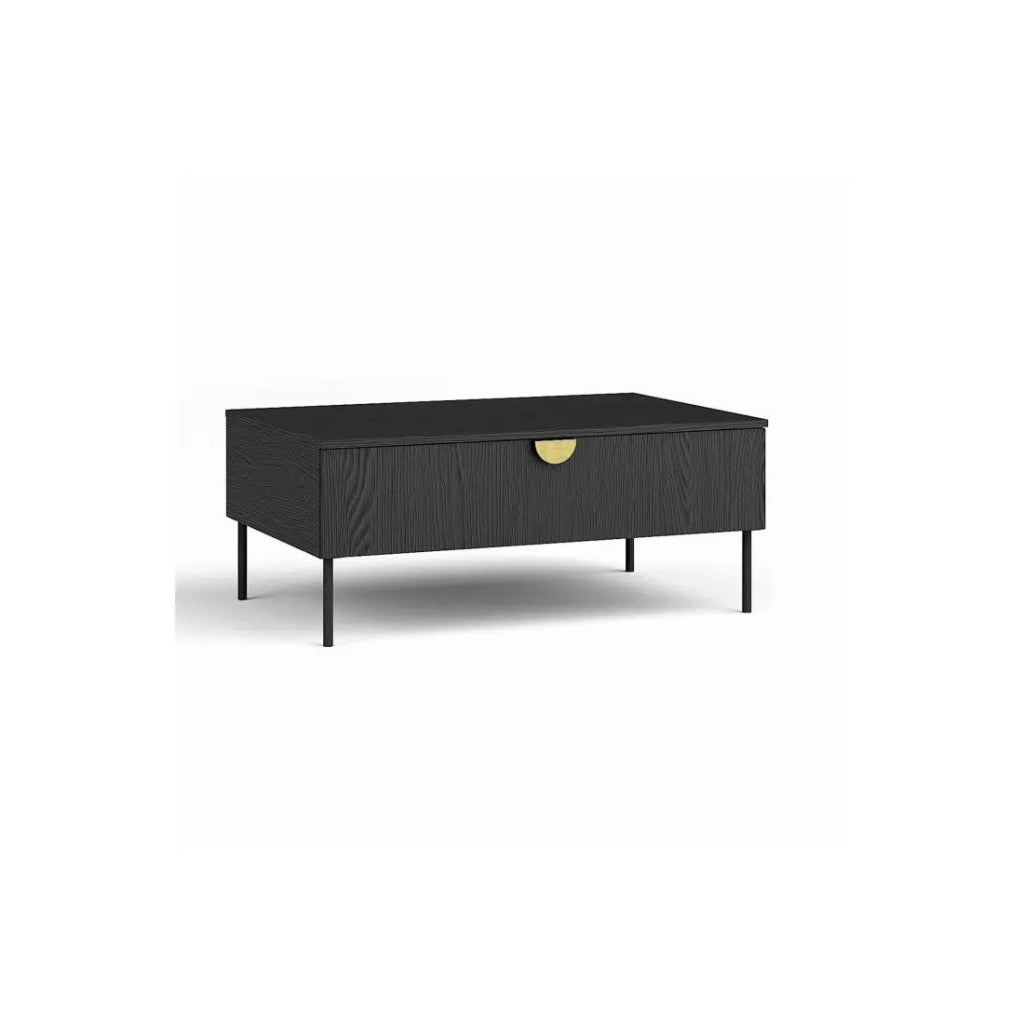 Set mobili soggiorno: Mobile TV, tavolino, credenza, vetrina, nero con maniglie dorate, collezione MONDO