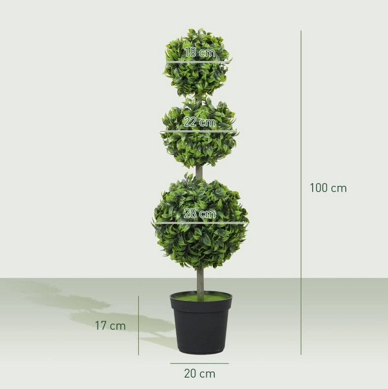 Set di 2 alberi sferici artificiali 100 cm; resistenti ai raggi UV; plastica verde