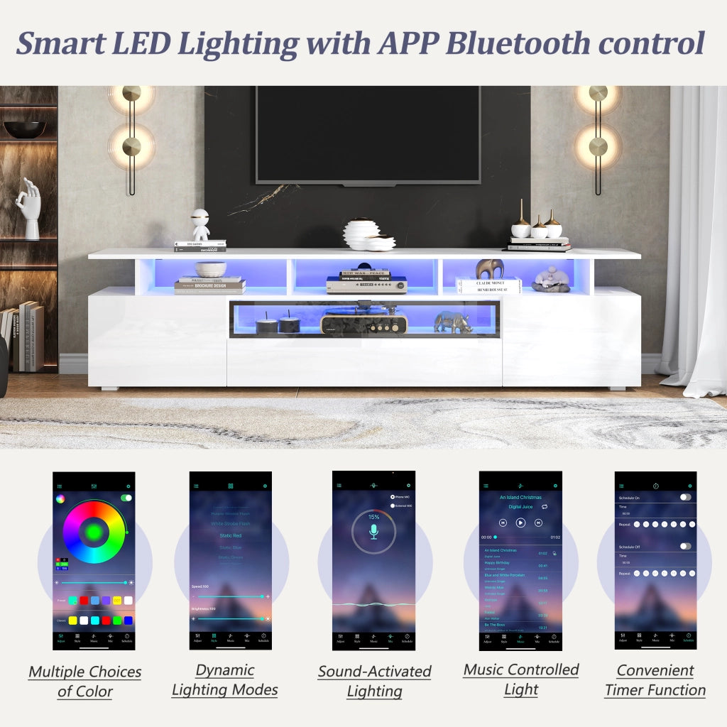 Mobile TV con 2 ante; 1 cassetto e luci LED - per soggiorno - 180 x 38 x 45 cm - bianco