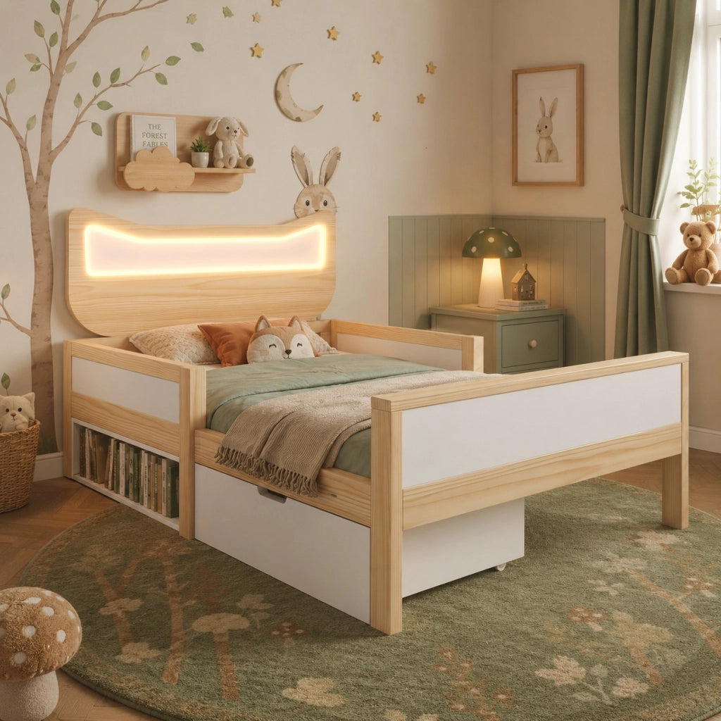 Lettino per bambini con orecchie da gatto e luci LED 90x200 cm in legno di rovere e bianco