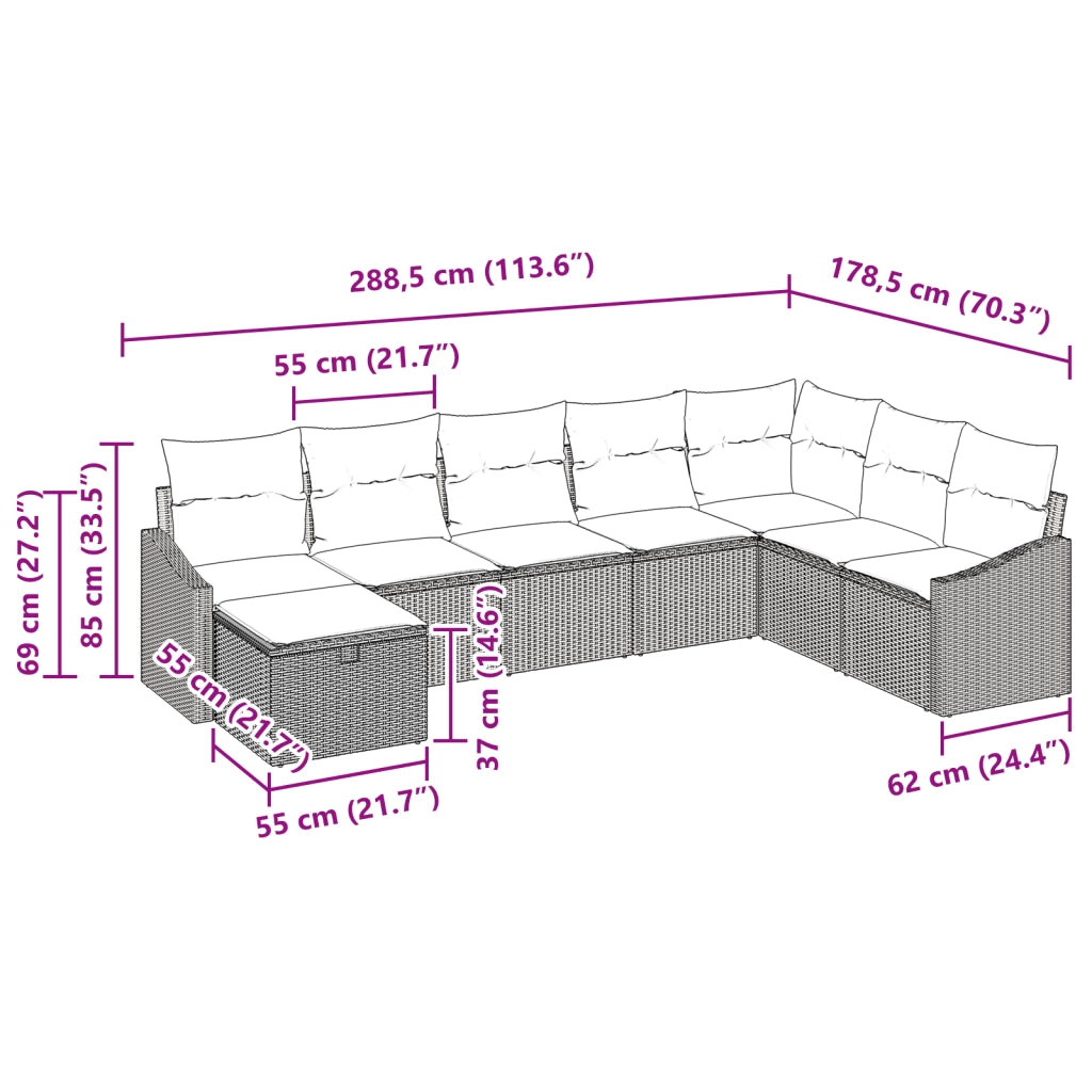 Set divani da giardino da 8 pezzi con cuscini in rattan poli beige