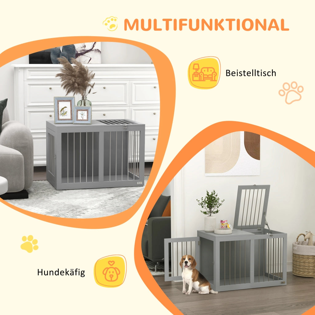 Cuccia per cani chiudibile con due porte, fondo rialzato, in MDF e acciaio, grigio, 80 × 50 × 56,5 cm